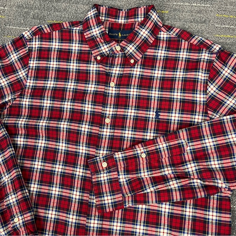 Ralph Lauren Oxford Shirt Mens Medium Red Tartan Plaid Button Down Long Sleeve